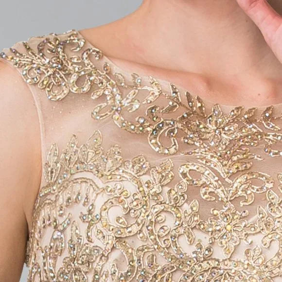 NEW LONG SLEEVELESS MESH BALL GOWN EMBROIDERED WITH RHINESTONES & LACE GL2208